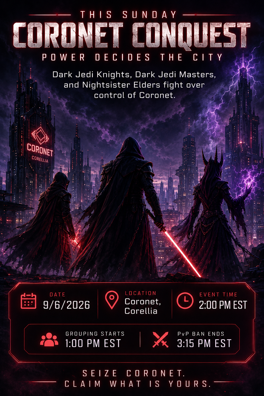 Coronet Conquest event poster showing dark force users overlooking Coronet, Corellia.